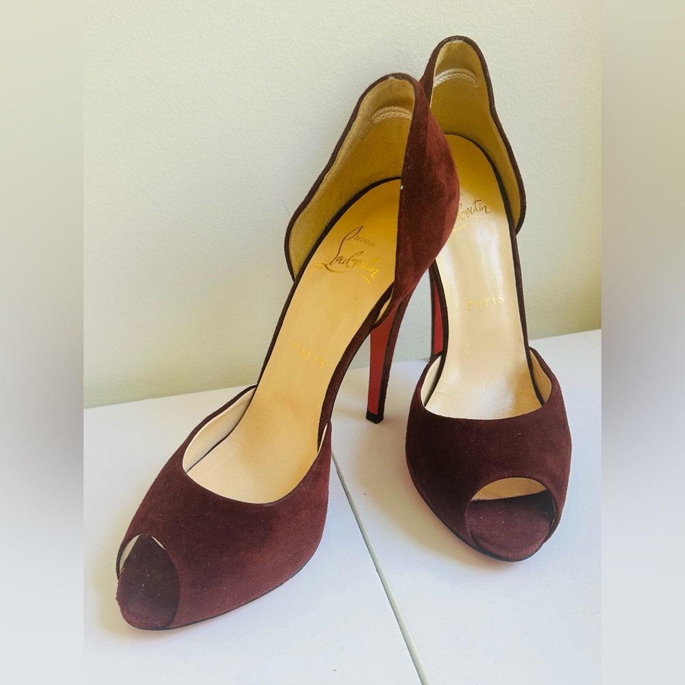 Christian Louboutin Burgundy Suede Peep-Toe Heels - Picture 2 of 5